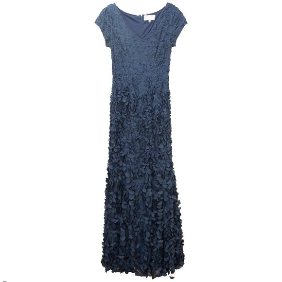 Theia Dresses & Skirts - Theia Beaded Petal Appliqué Dress Maxi Short Sleeve Evening Gown Navy Blue 8